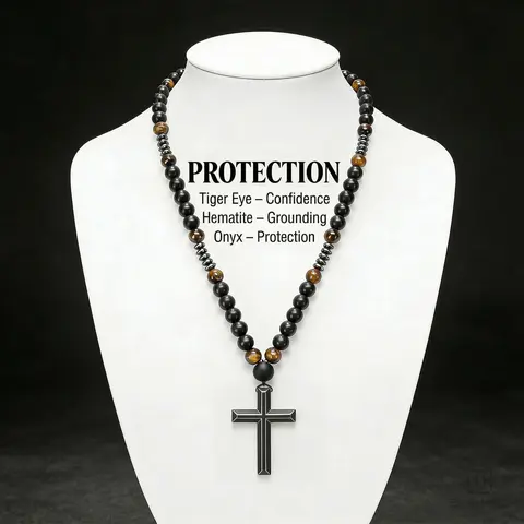 Retro Unisex Cross Necklaces with Natural Tiger Eye-Stone, Hematite Detail, 27.5 inch Adjustable Drop Fit Chain, Daily Wear-Formal Event Charm, Meaningful Birthday Gift Jewelry