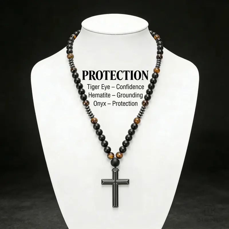 Retro Unisex Cross Necklaces with Natural Tiger Eye-Stone, Hematite Detail, 27.5 inch Adjustable Drop Fit Chain, Daily Wear-Formal Event Charm, Meaningful Birthday Gift Jewelry