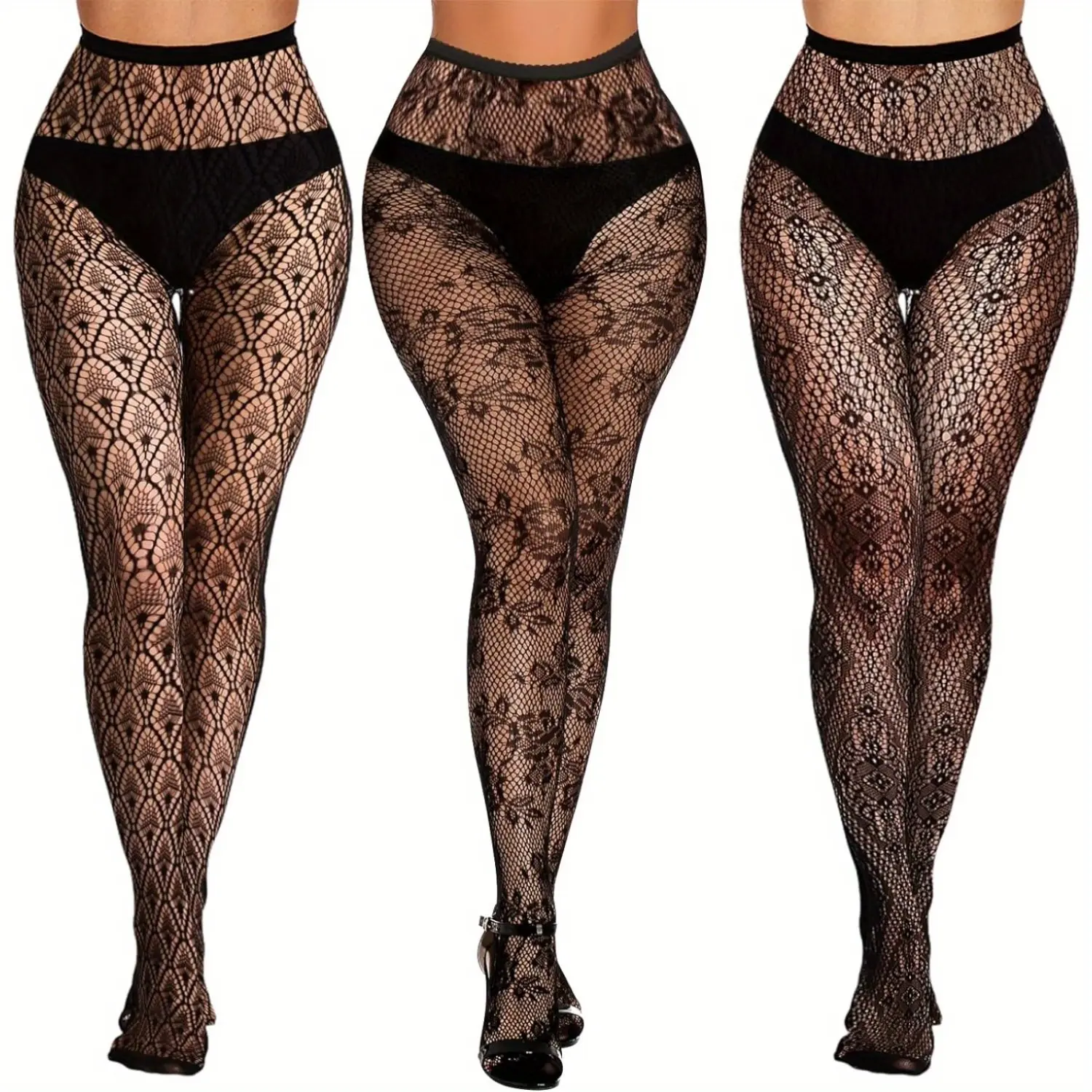 Women's 1/3-Pack Lace-Pattern Thigh-High Fishnet Tights - Stylish, Minimalist, Elegant Fit, Comfortable Underwear Leggings