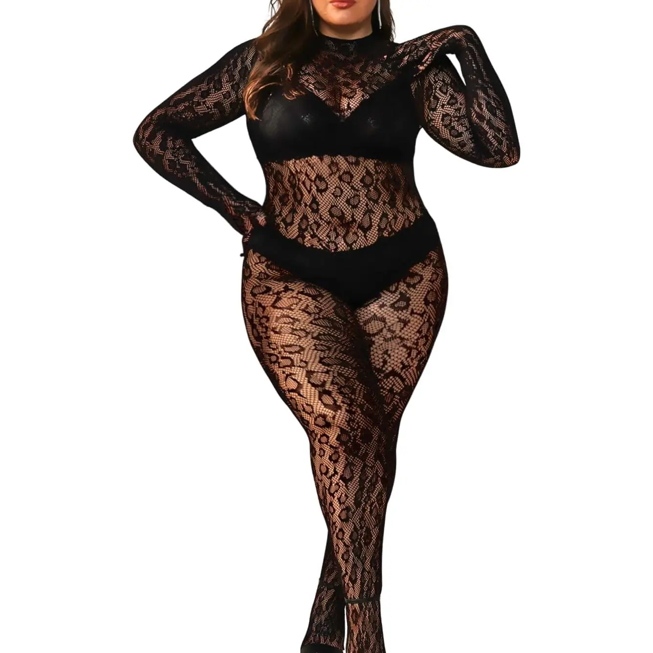 Plus Size Fishnet Bodysuit, Sexy Leopard Print Full Body Stocking in Sheer Fabric, Comfortable Rave Outfit Top for Festivals, Blazer, Lightweight, Cute, Rave Wear, Lingerie, Style