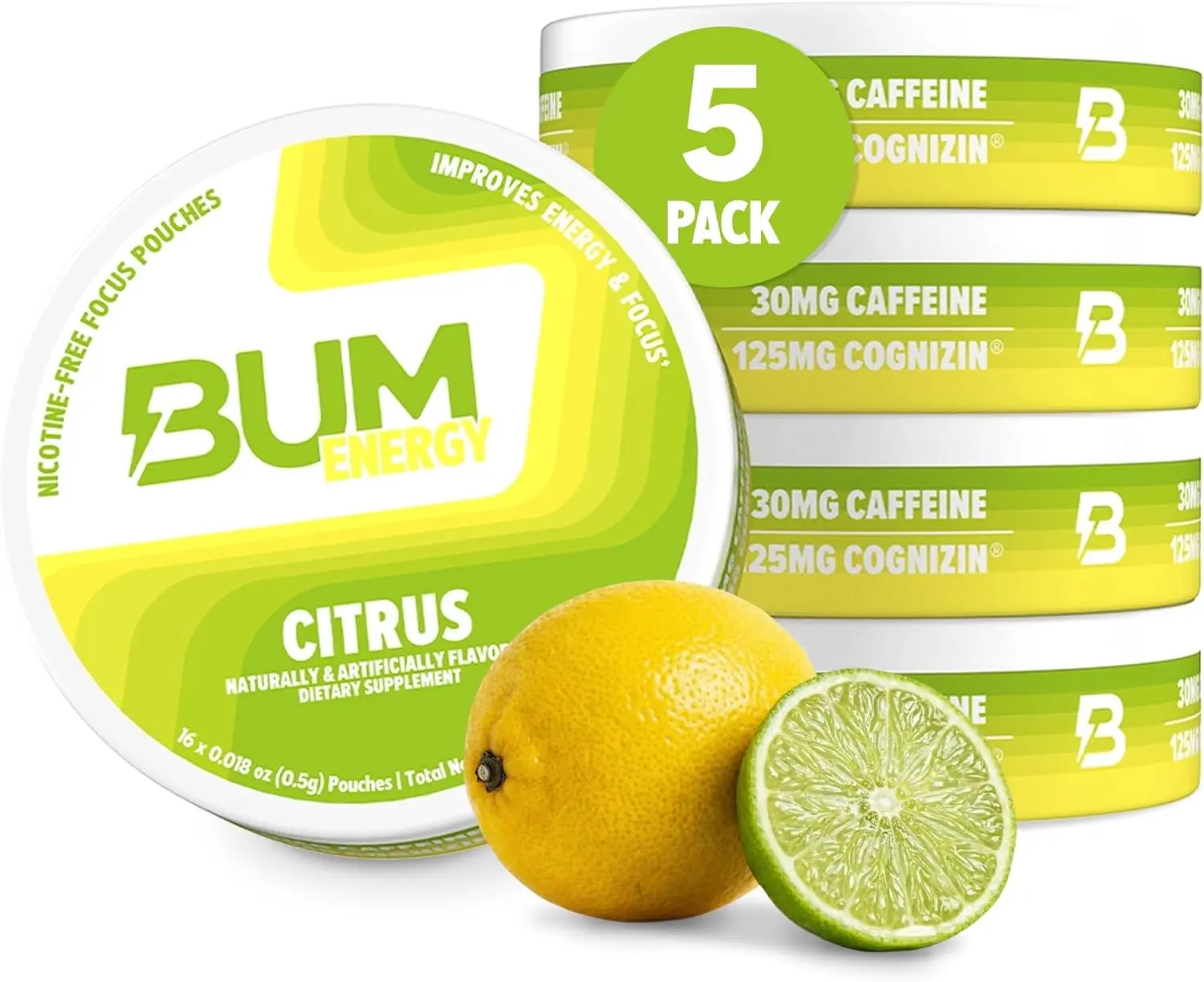 Bum Energy Pouches, Citrus, 30mg Caffeine + 125mg Cognizin Citicoline, Clean Energy & Focus, Discreet Oral Energy Pouches, 5 Packs of 16 Count