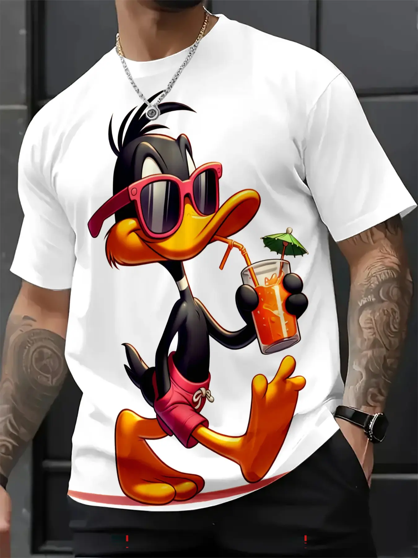 Summer Men's Athletic Tropical Digital Print T-Shirt Animal Tee, Casual Graphic Top, Cartoon Duck Print Short Sleeve, Sporty Slim-Fit, Menswear, Ideal for Daily Streetwear