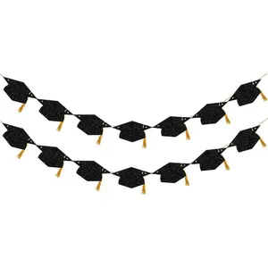 Graduation Decorations Class of 2025 Glitter Pre-Strung Congrats Grad Graduation with Tassel Party Congratulations Banner Decor College High School Graduation Party Favors Black