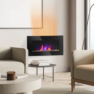 HOMCOM 1500W Electric Wall-Mounted Fireplace with Flame Effect, 7 Color Background Light, Black