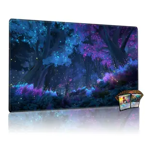 Glow-In-The-Dark Forest Playmat, Neon Foliage & Firefly Design, Mtg Tcg Size 24x14in, Non-Slip Extended Desk Gaming Mouse Pad
