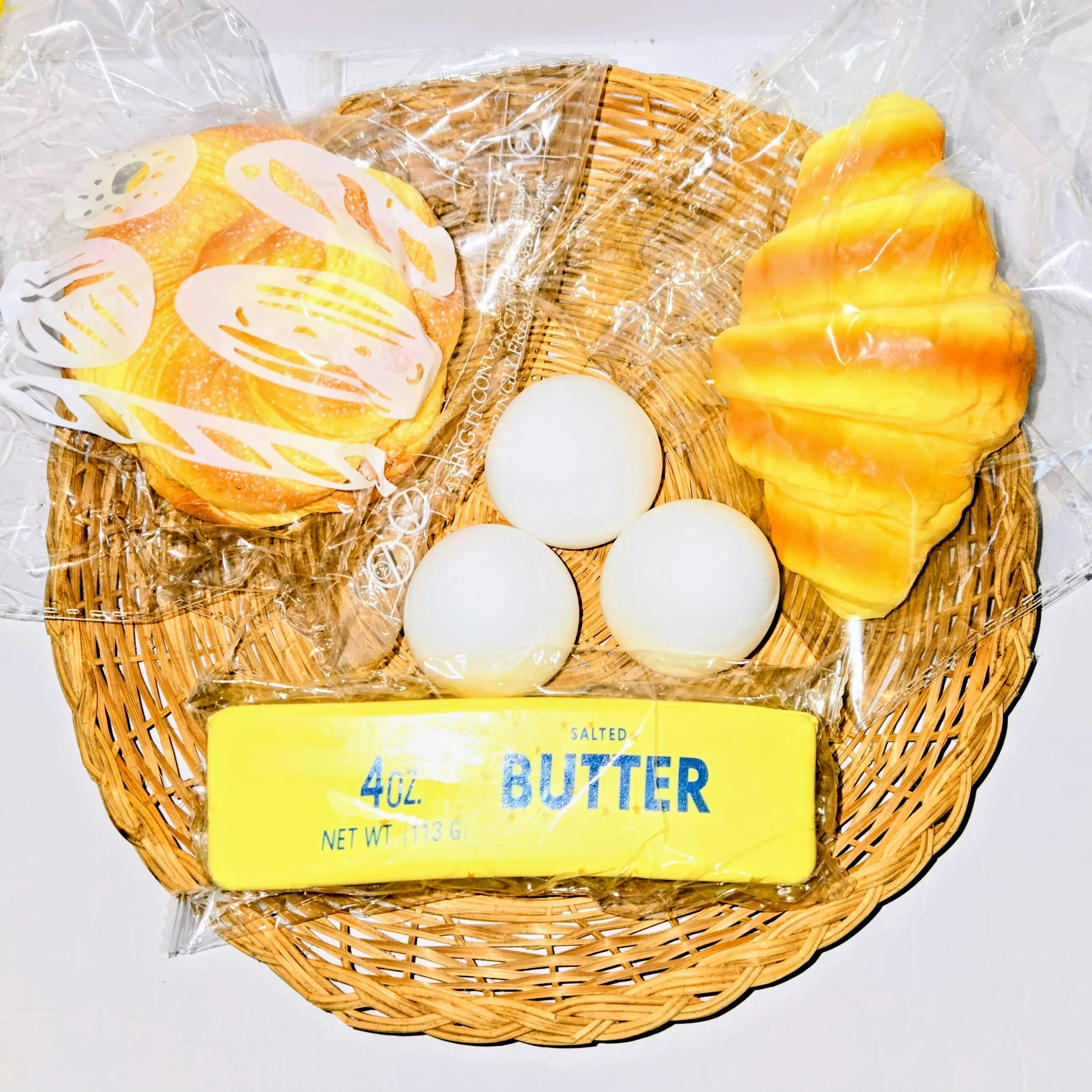 Novelty Squishy Baker Basket Gag Toy - Unique New Bundle with 3 White Eggs, 1 Butter, 2 Pastries