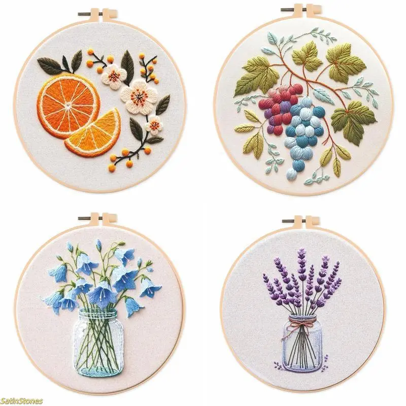 Floral Fruit Embroidery DIY Craft Kit, Beginner-Friendly Handmade Needlework Set with English Stitch Guide & Stitching Materials for 6-Piece Set Handkerchiefs & Fashion Accessories, Six-Piece Set Handkerchiefs