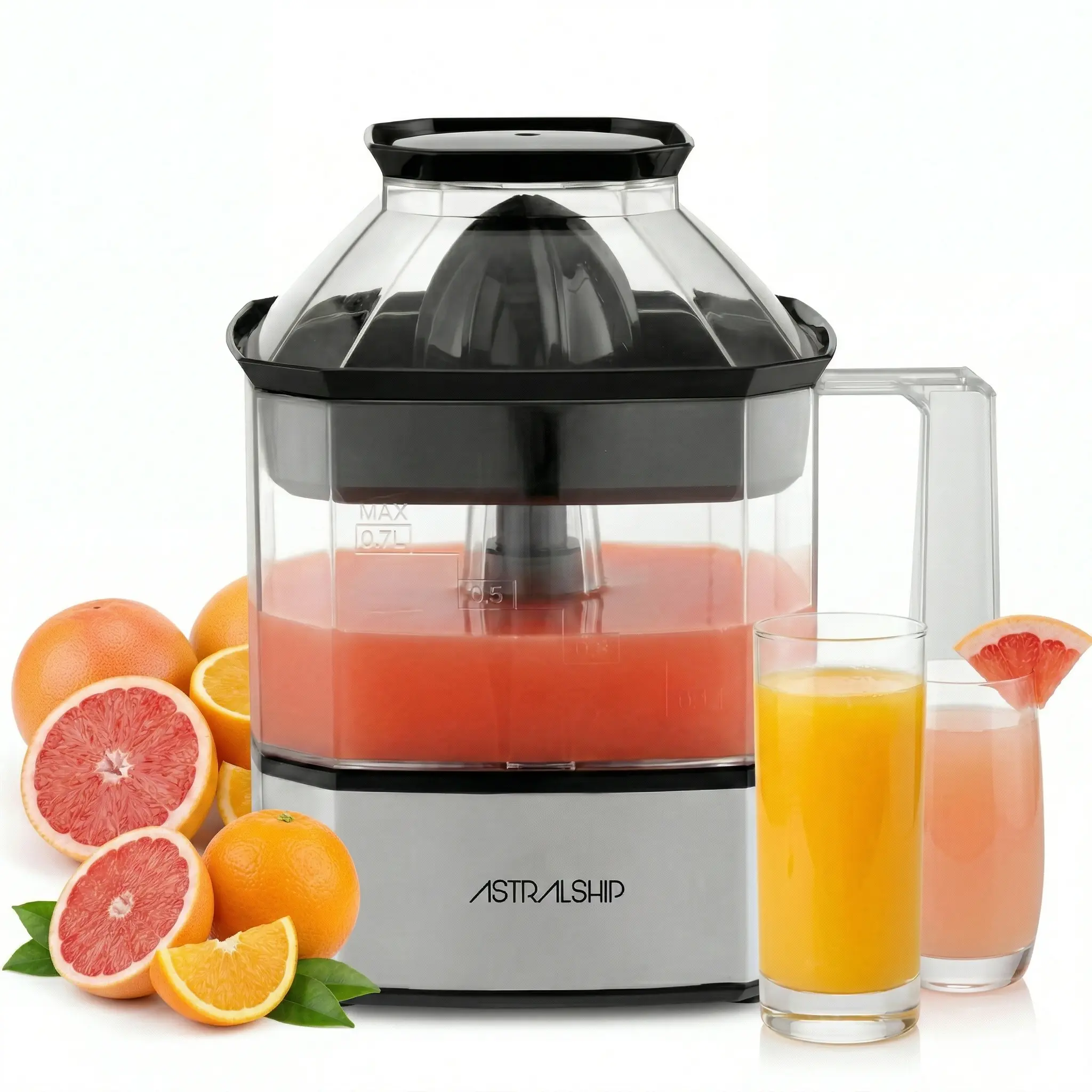 Astralship Electric Citrus Juicer Machine Electric Orange & Lemon Squeezer with Stainless Steel Base, 24oz Pitcher, Pressure-Activated, 2 Cones & Pulp Filter for Orange, Lemon, Grapefruit Juice