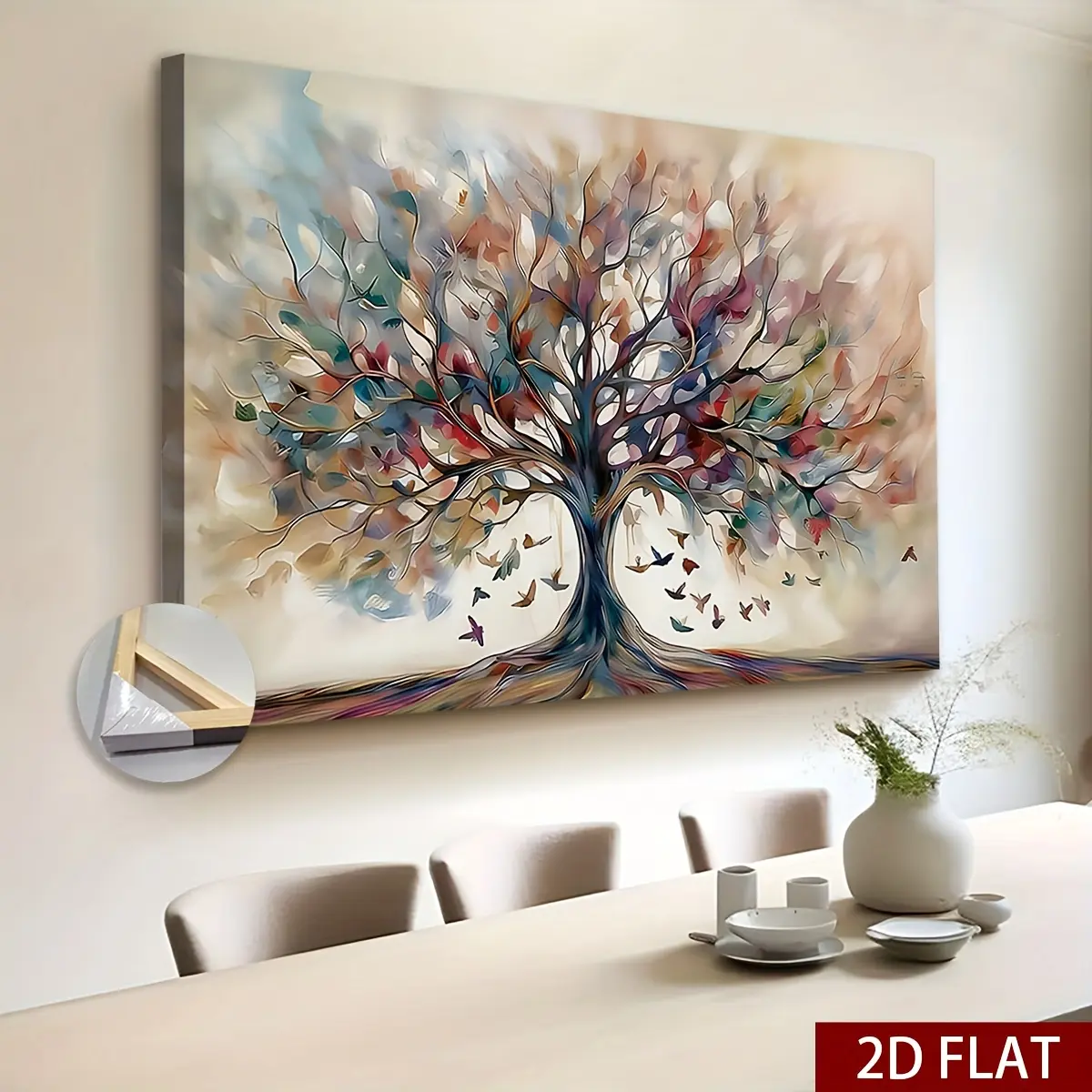 Extra Large Framed Canvas Wall Art Painting - Artistic Abstract Yggdrasil Tree Watercolor with Colorful Hues, Symbolic Home Room Decor Gift for Living Spaces