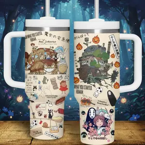 40oz Stainless Steel Insulated Tumbler - Studio Ghibli Jumbo Refillable Mugs with Handle, Straw, Lid, Totoro, Howl's Moving Castle, Spirited Away Designs, Portable Smoothie Drinkware Flask, Perfect Fan Gift, Insulation