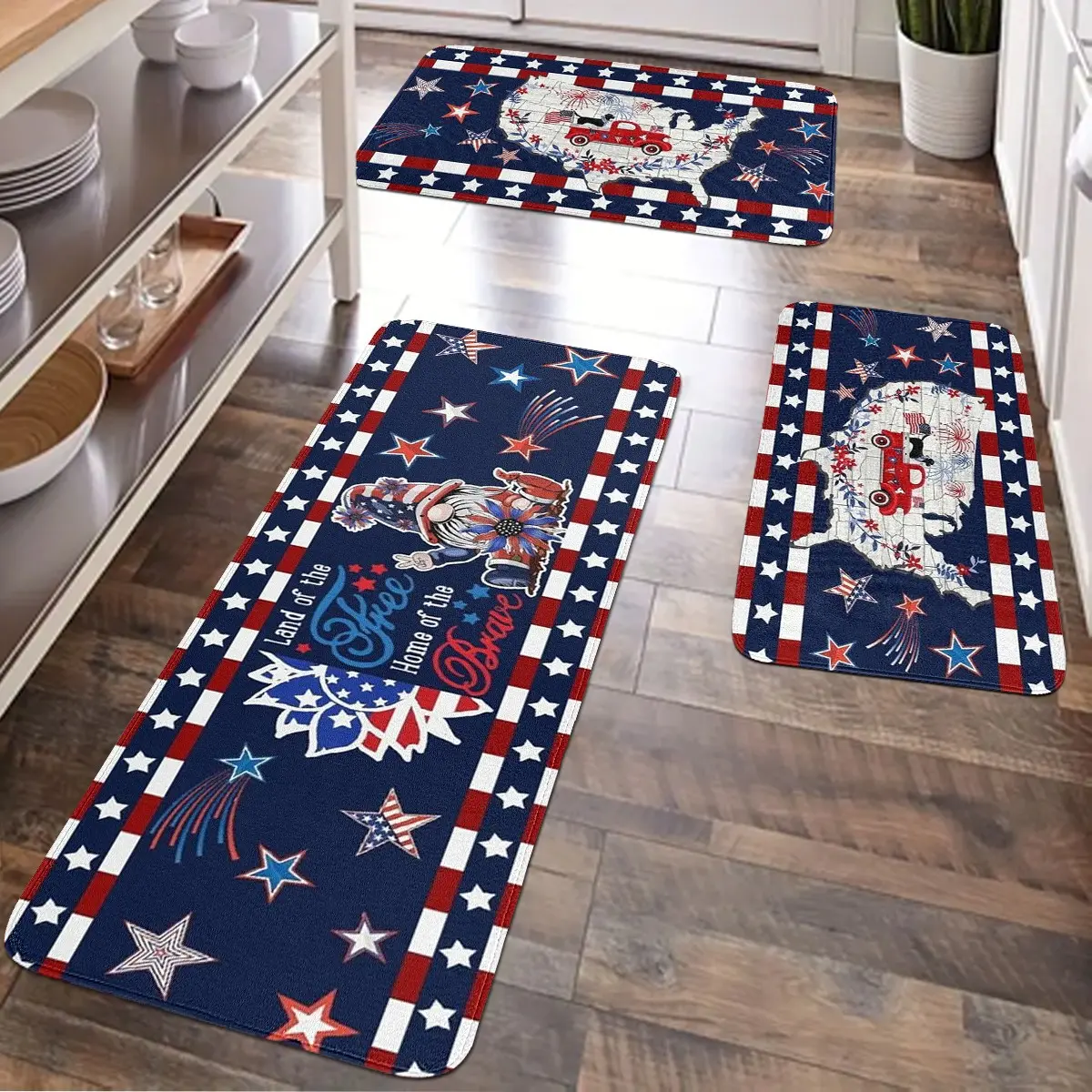JIT 1/2/3 pcs of flannel carpet for Memorial Day and Independence Day (July 4th), Household Decorative Rug, Kitchen carpet set, Rug Sets, flannel washable bedside carpet, suitable for kitchens, bedrooms, etc.