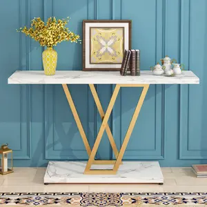 Accent Console Table, Industrial Hallway Table for Entryway, 42 Inch Entryway Tables Narrow Sofa Table for Living Room, Stable Metal Frame & Easy Assemble,Gold/White Color
