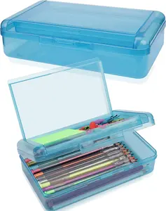 1 PCS Pencil Box,Double Layer Large Capacity Pencil Case,Hard Pencils Case with Snap-tight Lid, Clear Crayon Box for Office School Supplies Storage Boxes,Storage Organizer for Gel Pens Erasers-Blue