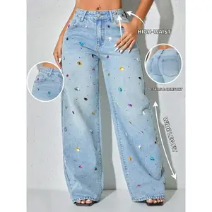 Women's retro colored button up jeans, street style wide leg pants, spring and summer loose casual pantsRAIMENTRY