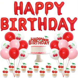 1Set Cherry Birthday Party Decorations, Cherry Printed Balloons Glitter Fruit Cherry Cake Toppers, for Fruit Cherry Party Decorations Supplies, Sweet Berry Birthday Party Deco