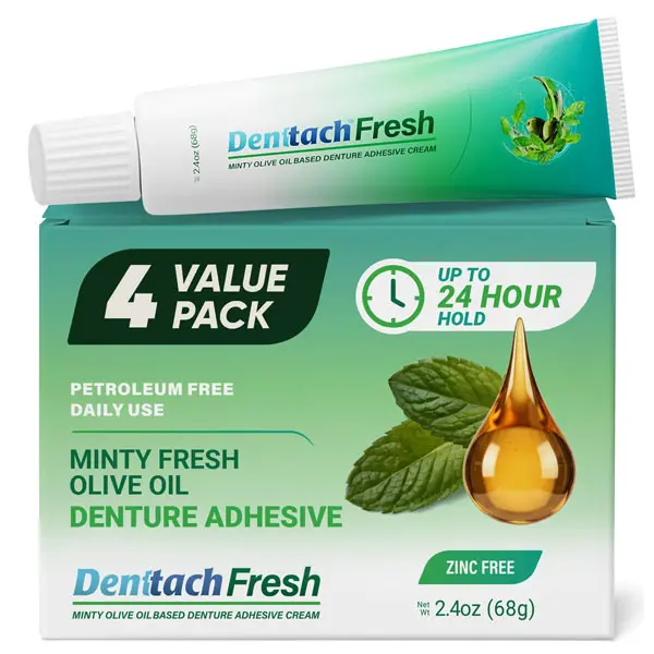 Denttach Fresh Denture Adhesive with Invigorating Mint Flavor, Petroleum Free Olive Oil Based Denture Cream for Full and Partial Dentures, All Day Hold Denture Glue, Zinc Free, 2.4 Ounce