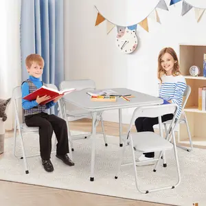Comfortable Cushioned Kids Table and Chairs Set – 5-Piece Folding Square Activity Table for Eating, Reading, Playing – Sturdy Metal Frame, Upholstered Seats, Storage – Portable Design
