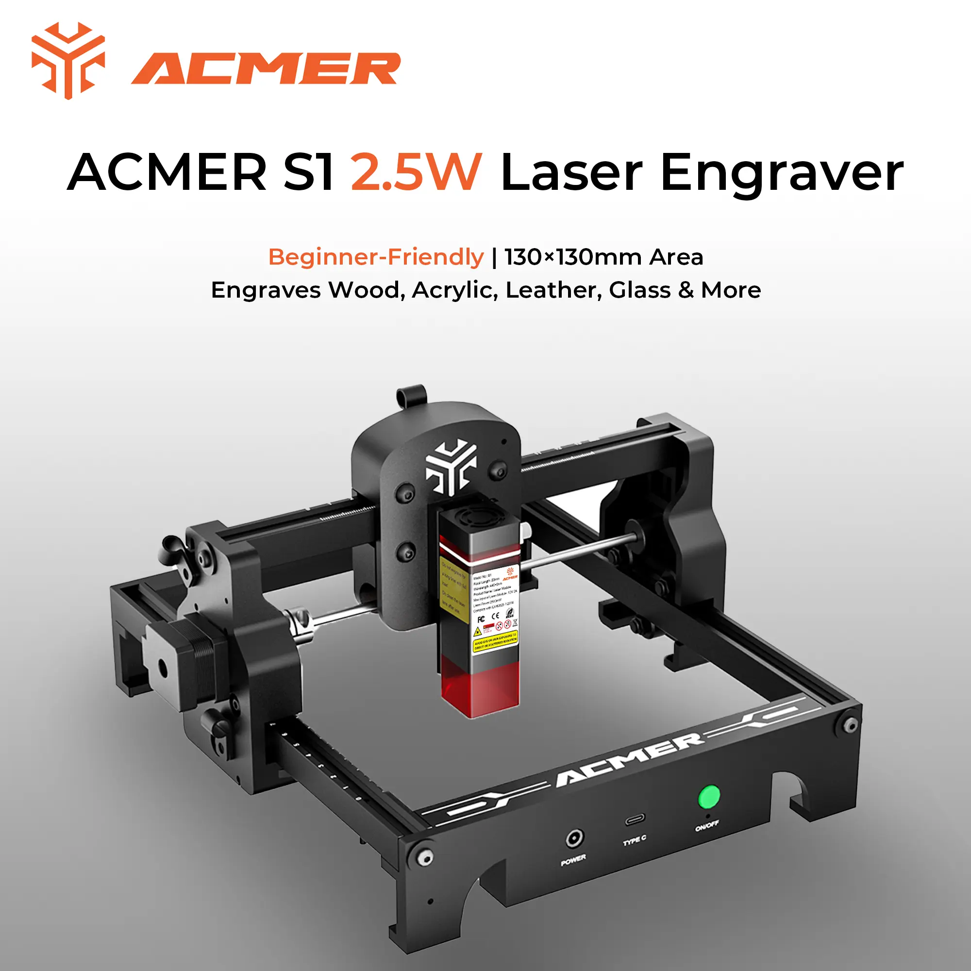 ACMER S1 2.5W Laser Engraver & Cutter - Simple Home DIY Machine, Plug-and-Play, 130×130mm Work Area, Supports PNG/BMP, Detailed Engraving Work for Small Business, Compatible with Wood, Acrylic, Leather, Glass, Diy Gifts, Easy To Carry