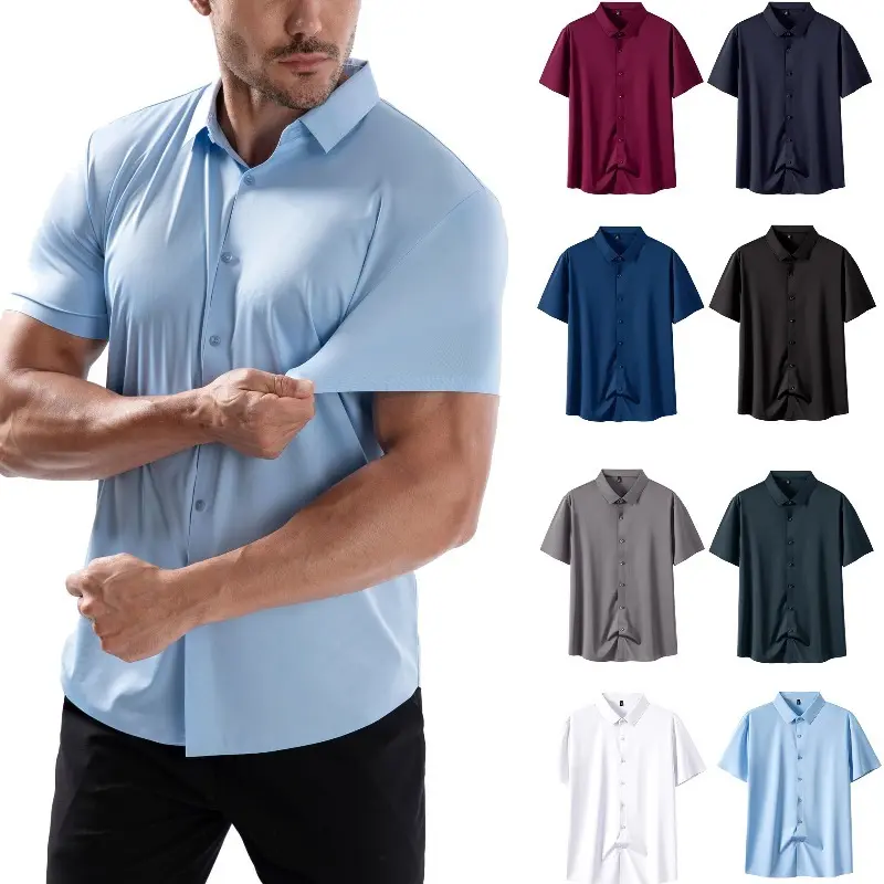2-Pack Men's Wrinkle-Resistant Stretch Shirts, Slim Fit Short Sleeve Tops for Work, Business & Casual Wear