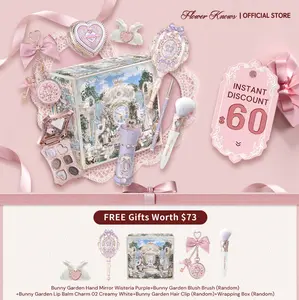 Flower Knows Sweet Routine Set, 9-Item Full Face Cosmetic Box Set, Beauty Products with Lipstick, Blush, Eyeshadow Palette, Eyeliner, Mirror, Brush, Gel, Bunny-Themed Makeup Tools, Ideal Gift for Adults, Beauty Kit, #Summervibes, Set B,summervibes summerv