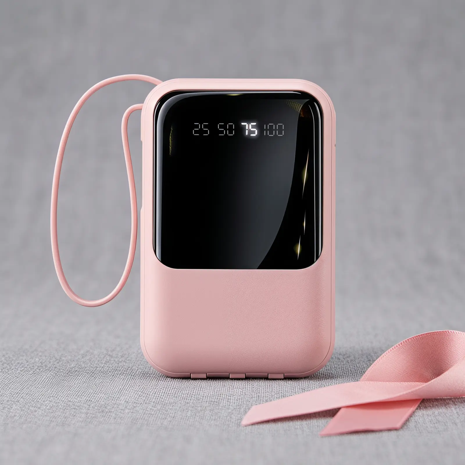 Portable power bank with 3 built-in cables, LED digital display, fast charging, pocket-sized travel charger with lanyard, compatible with iPhone, Android, and Type‑C smartphones