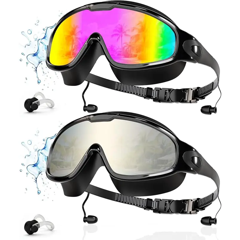 2-Pack Swimming Goggles with Attached Earplugs & Nose Clips, Anti-Fog UV-Protected Wide View Lenses, No-Leak, Distinct Vision, No Raccoon Eyes, Multi-Protection for Pool Days, Lap Swimming