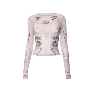 Women's Slim Fit Mesh Crop Top with Tattoo-Inspired Totem Print, Gothic Y2K Style, Long Sleeve, Short Length, Sheer Fabric, Niche Design, Comfortable & Chic