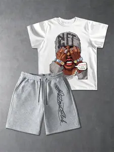 Men's Hip-Hop Two-Piece Set, Rap Portrait 'stay Focused' Print T-Shirt & Script Signature Shorts, Y2K Streetwear, Breathable Fabric