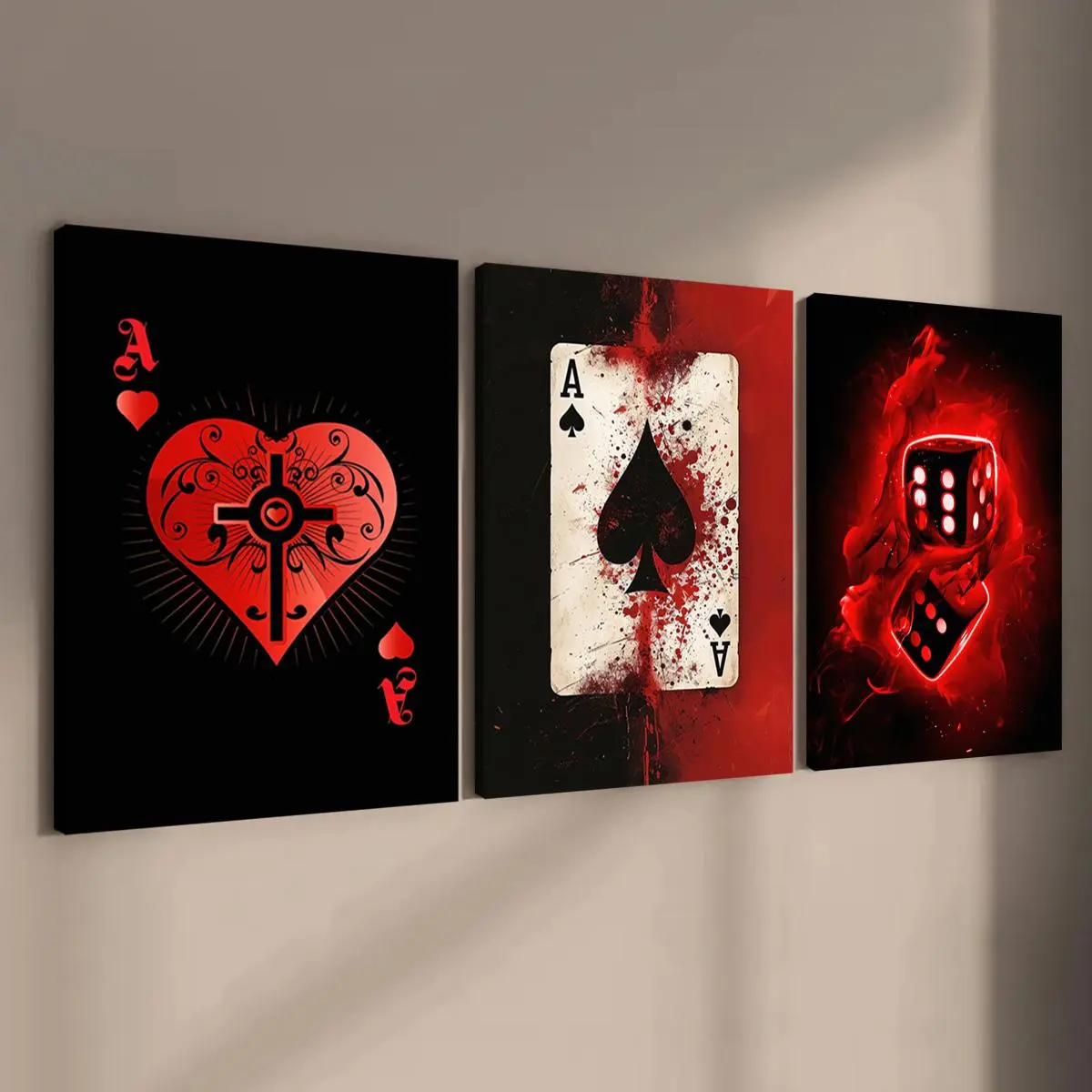 3Counts Wooden Framed Canvas Prints, Red and Black Poker - Themed Poster, Fashion Living Room Decoration, Modern Art, Perfect Home Poster, Wall Art Murals, Apartment Dormitory, High Definition, Waterproof, Art, Modern Art Design, Decorative Wall Art