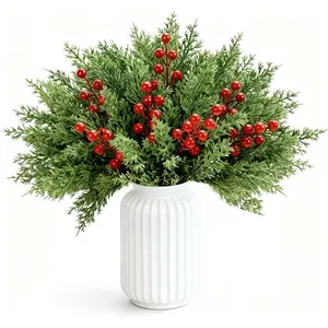 50 Pcs Christmas Artificial Pine Branches with Red Berry Stems - 10.5" Faux Greenery Norfolk Pine Fake Cedar Pine Needles Picks for Wreaths Craft DIY Garlands Home