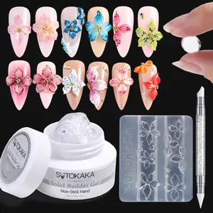 Solid Builder Gel for Nails, 30g Clear Non-Sticky Sculpting Hard Gel for 3D Carving Building Modeling Extension with Flower Silicone Mold, Sculpture Pen Nail Art Salon Home DIY