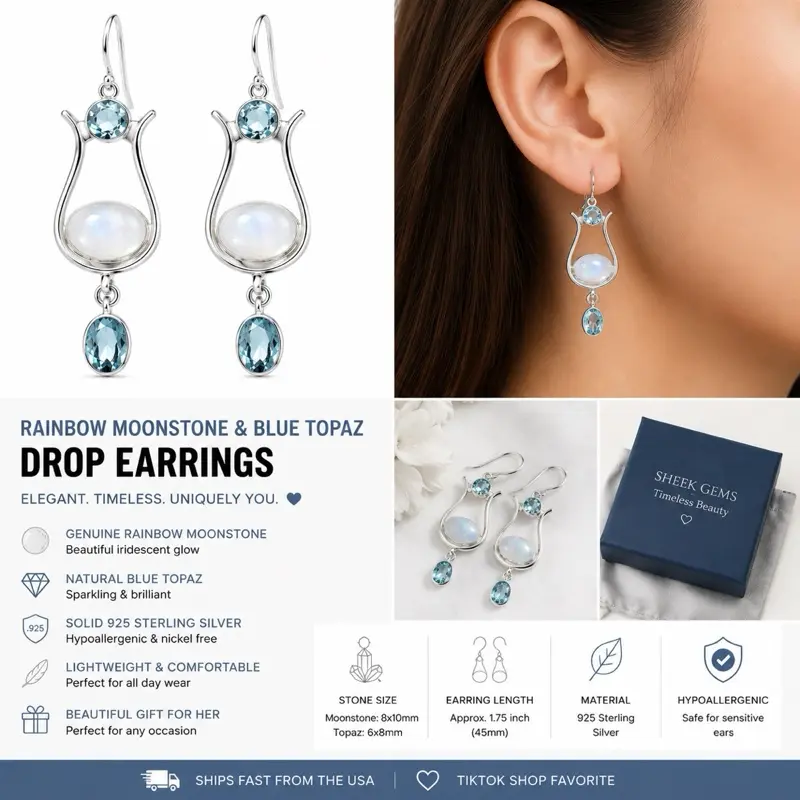Rainbow Moonstone & Blue Topaz Drop Earrings  | 925 Sterling Silver | Handmade Gemstone Dangle Earrings