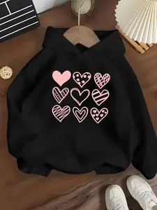 Girls' Hooded Sweatshirt with Heart Print, Sweet and Cute Design, Casual Kids Clothing, Soft Fabric, Fashionable Girls', Graphic Casual Hoodie