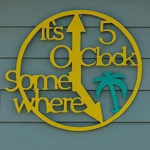 5 O Clock Somewhere 22in Metal Sign with Palm Tree Design It's 5 O Clock Somewhere Text Decor