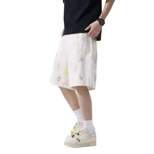 Men's Artistic Paint Splatter Baggy Shorts| Oversized Wide Leg White Denim Shorts| Vintage Graffiti Smudge Jean Shorts| High Street Skater Vibe Shorts summerwins,summerwins