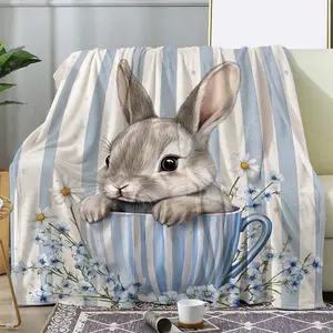 Flannel Blanket Striped Rabbit in Cup Floral Easter Print Soft Warm All Season Throw Sofa Bed Car Office Camping Home Decor Gift Rabbit Decor Camping Warmth Accessory Decorative Sofa Throw
