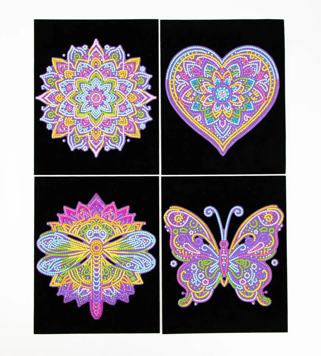 DIAMOND DOTZ Neon Flock 10 x 8 Diamond Painting Kits - 4 Mini Designs - Soft Velvet-Like Flocked Black Background - Fun & Satisfying Craft Project Colorful Dragonfly Butterfly