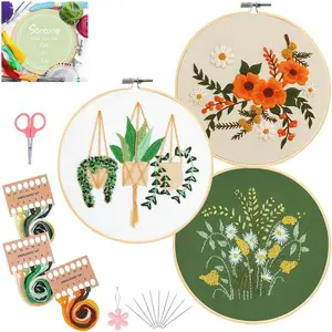 Black Friday & Christmas Gifts 3 Sets Embroidery Kit for Beginners Needlepoint Cross Stitch Kits for Adults,Stitch Learning DIY Sets with Instruction Video,Stamped Floral Patterns,Hoop,Threads,Sewing Hobby