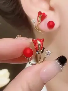 Elegant Unique Tulip Flower Stud Earrings for Women, Stud Earring Jewelry, Fashionable Glass-Inlaid Alloy Design, Perfect for Daily & Partywear, Jewelry Gift, Floral Stud Earrings