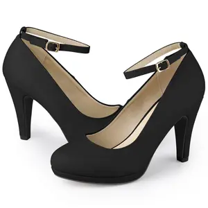 BLISSFUL STEP Women's Round Toe Stiletto Heel Ankle Strap Pumps