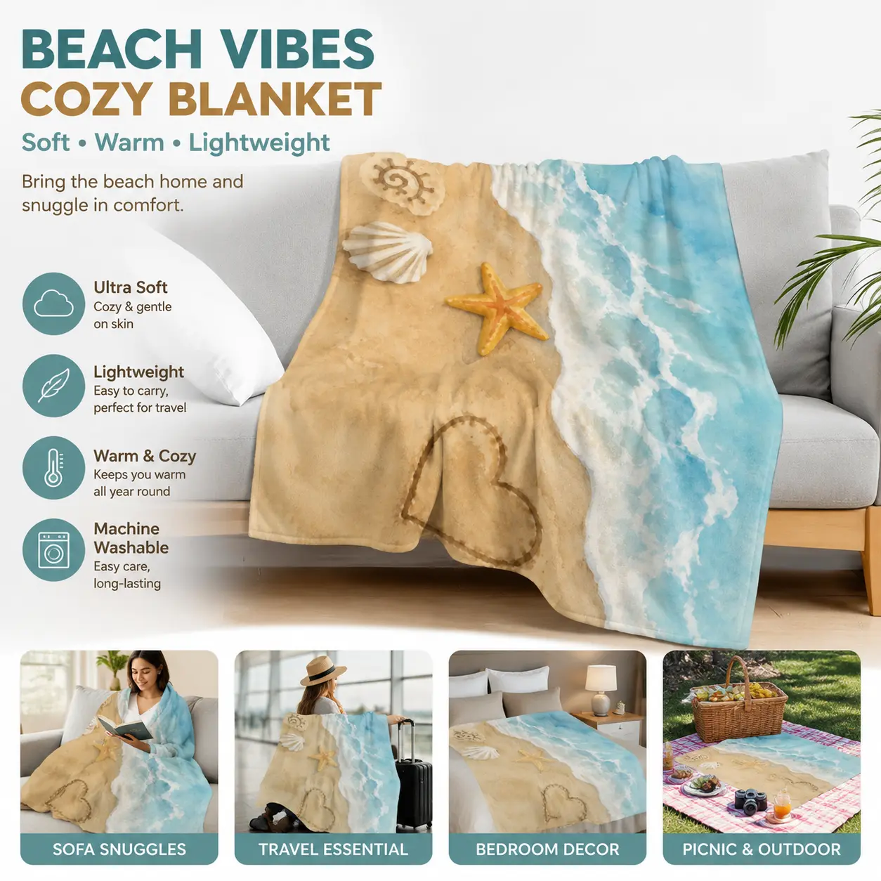Soft Fleece Beach Ocean Wave Print Throw Blanket, Lightweight Thin Air Conditioning Quilt, Cozy Cover for Sofa Bedroom Office Naps Camping Travel, Calming Coastal Home Decor Gift, Fleece Fabric, Breathable Lightness