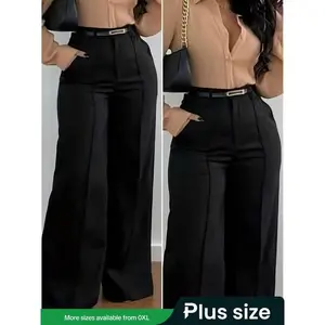 Plus Size Women's Straight Leg Pants, Elegant Workwear with Pockets, Casual Style, All Seasons, Moderate Fabric Thickness