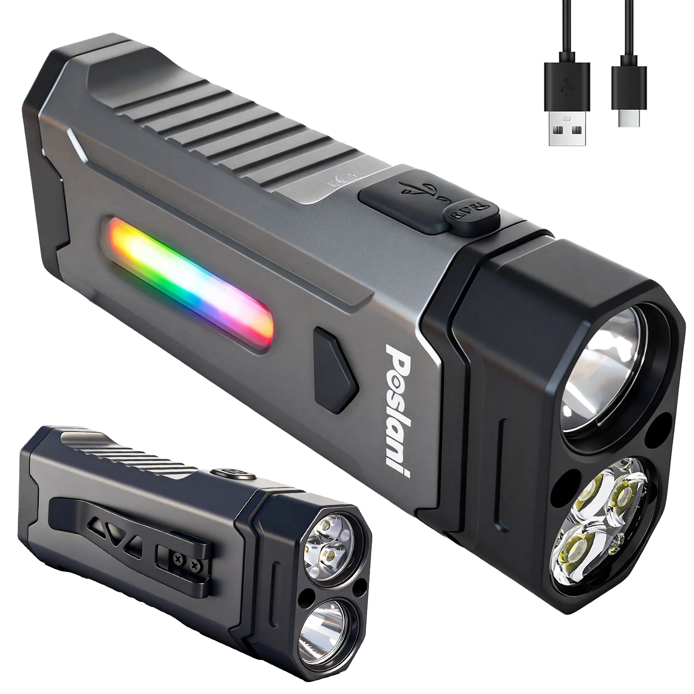 Poslani EDC Tactical Rechargeable Flashlight - 4400lm High-Brightness Durable Handheld LED Lights, Dual Switches, RGB LED, Magnetic Tail USB Port, 8 Modes, Outdoor Tactical Accessories, Battery-Powered Emergency Torch for Camping, Home Use