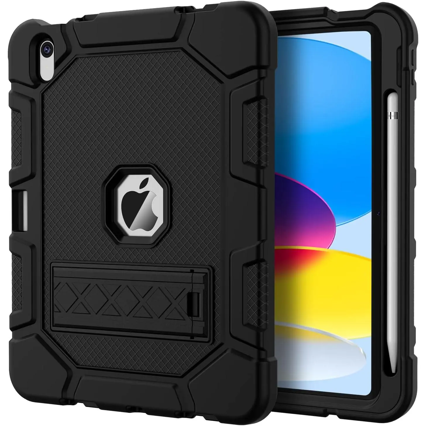 SQ-PCS006 Hard Polycarbonate Heavy-Duty Shockproof Case with Integrated Kickstand & Pencil Holder for 11in iPad 11th Gen 2025 (A16), 10.9in iPad 10th Gen 2022 - No Screen Protector, Black, Integrated Stand