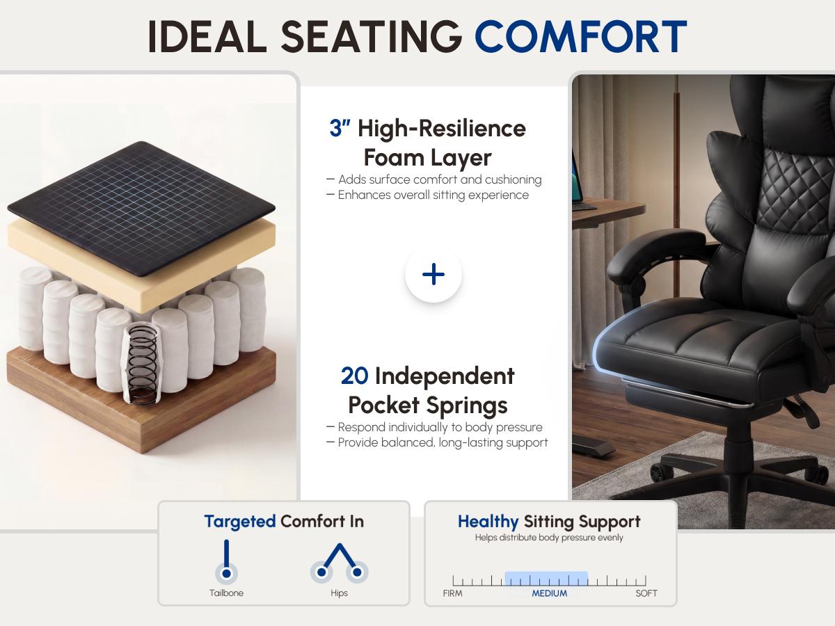 Dowinx Big and Tall Office Chair with Pocket Spring Cushion,High Back Computer Gaming Chairs with Linkage Armrests,Executive Desk Chairs with Footrest,Fabric-Black