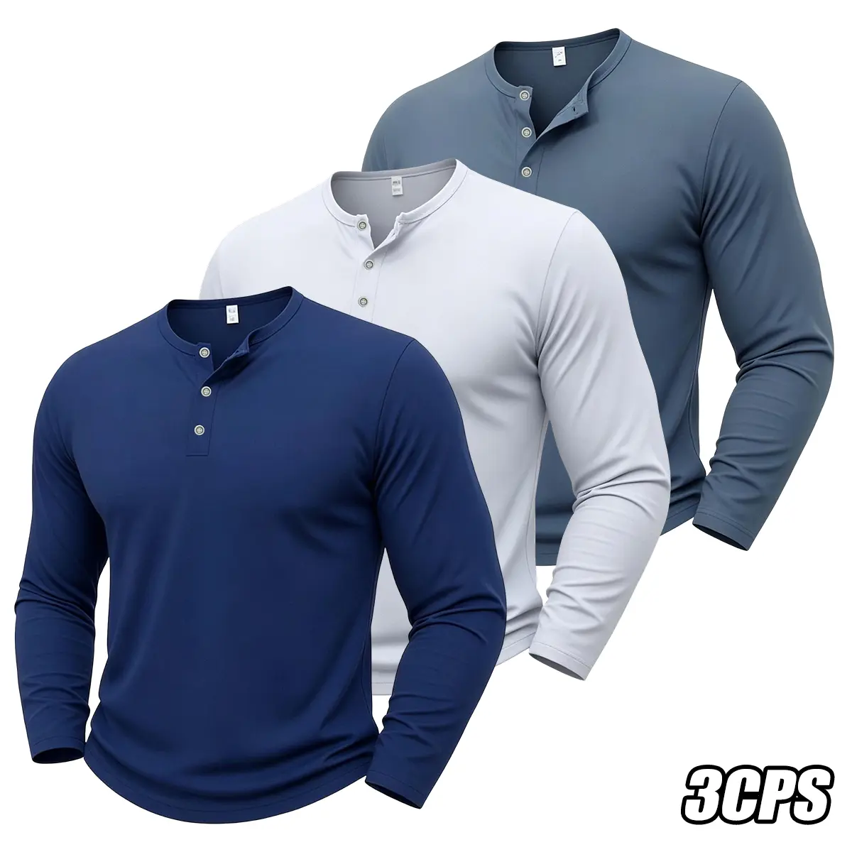JOGWAVE Menswear 3PCS Long Sleeve Henley Collar Double-Breasted Shirt, Muscle-Defining Slim Fit, Solid Color Casual Layering Pullover Top