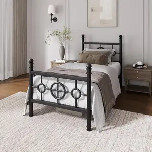 Metal Bed Frame with Vintage Circular Headboard and Footboard, Heavy-Duty Iron Platform Bed, No Box Spring Needed, Noise-Free Design, Easy Assembly
