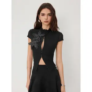 Cider Mesh Stand Collar Sequin Flower See-through Tie Front Top SwimWeek
