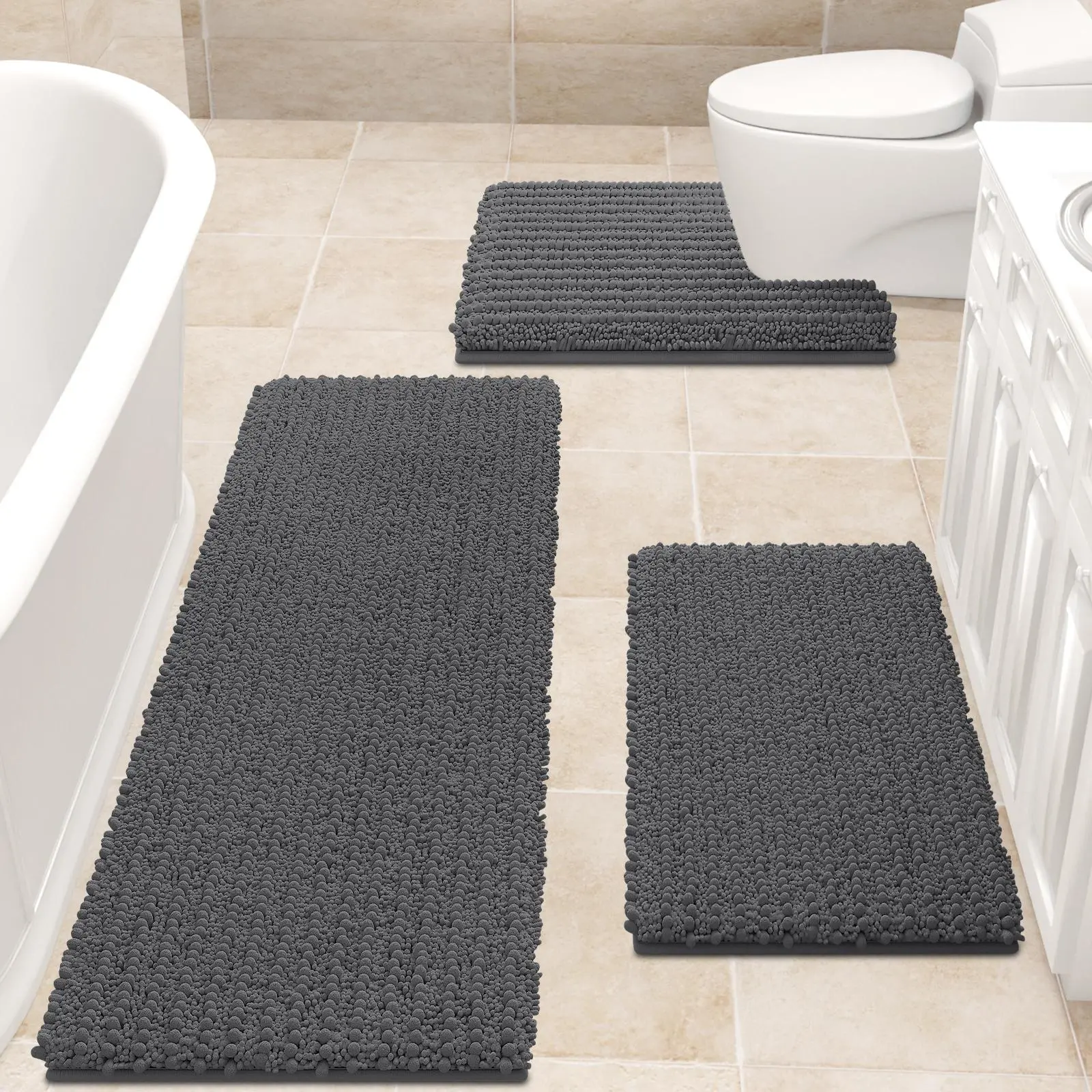 Comfydew Upgraded Extra Large Rectangle Chenille Bath Mat Set - 2-Piece/3-Piece Ultra Thick, Fiber-Lock, Absorbent, Slip-Safe Grip, Non-Slip Solid Soft Cushioned Durable Bathroom Floor Mats