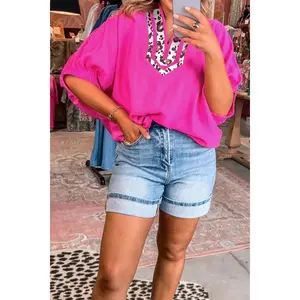 Rose Red Dolman Half Sleeve Leopard Patchwork Trim V Neck Blouse